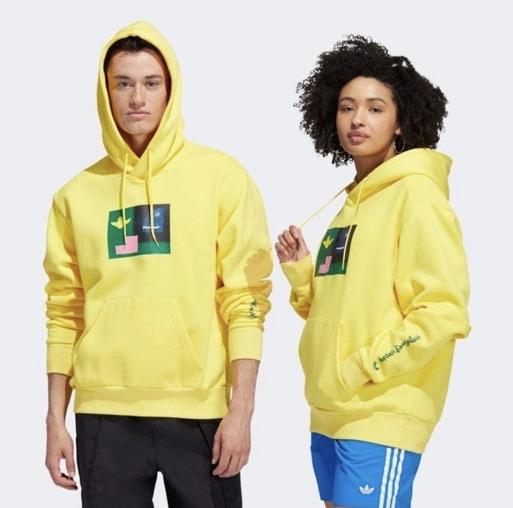 adidas Mark Gonzales Shmoo Hoodie L Impact Yellow Skateboarding Graphic Pullover